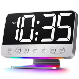 Digital Alarm Clocks for Bedrooms: Large Bold Number 5 Brightness Dimmer - Easy to Read Across The Room - 5 Alarm Sound 8 Night Light - Silver