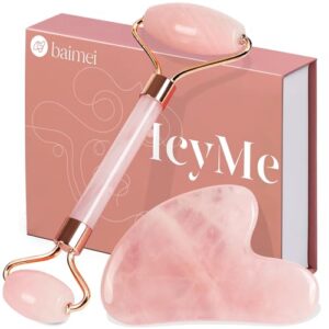 BAIMEI IcyMe Jade Roller & Gua Sha, Face Roller Redness Reducing Skin Care Tools, Self Care Pink Gift for Men Women, for Eyes, Neck, Manual Back Massagers,Relieve Fine Lines and Wrinkles-Rose Quartz