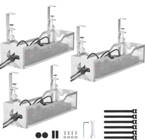 Under Desk Cable Management Tray 3 Pack, Cable Management Under Desk No Drill, Cable Organizer with Clamp for Wire Management, Cord Organizer for Office, Home - No Damage to Table (White)