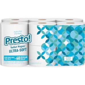 Amazon Brand - Presto! 2-Ply Ultra-Soft Toilet Paper, 12 Family Mega Rolls = 60 Regular Rolls, Unscented, 313 Sheets Per Roll