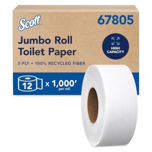 Scott Professional 100% Recycled Fiber High-Capacity Jumbo Roll Toilet Paper, Bulk (67805), 2-Ply, White, Non-Perforated (12 Rolls at 1,000' Each, 12,000'/Case)
