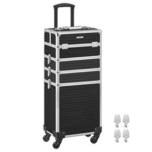 SONGMICS Rolling Makeup Train Case on Wheels, 4-Tier Aluminum Makeup Cosmetic Organizer Trolley, 34 x 24 x 79.3 cm, 360° Rotatable Casters, Lockable, Travel, Gift Idea, Ink Black UJHZ015B01