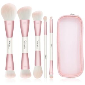 START MAKERS Makeup Brushes 5Pcs Dual Ended Pink Makeup Brush Set for Foundation Blush Bronzer Concealer Contour Powder Highlight Eyebrow Eyeshadow Blending, Travel Makeup Brushes with Bag