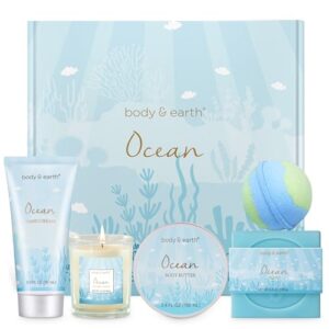 Gifts for Women - Cadeau Femme 5 Pcs Bath and Body Gift Set with Ocean Scent, Spa Gift Set for Women, Bath Set Includes Scented Candle, Bath Bomb, Body Butter, Birthday Gifts ldea for Mom Girls, Valentines Day Gifts