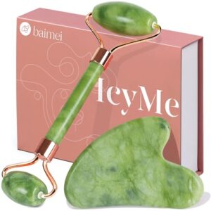BAIMEI Gua Sha & Jade Roller Facial Tools Face Roller and Gua Sha Set for Puffiness and Redness Reducing Skin Care Routine, Self Care for Men Women - Xiuyan Jade