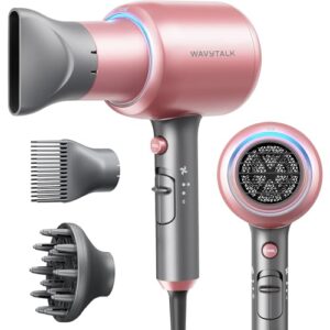 Wavytalk Hair Dryer with Diffuser, Blown Away Ionic Hair Dryer for Curly Hair with Comb, 1875W Fast Drying Blow Dryer with Ceramic Technology, 3 Attachments for All Hair Types, Light and Quiet, Rose Pink