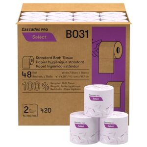 Cascades PRO Select B031 Rouleaux de papier toilette doux et durable à double épaisseur – Convient aux distributeurs universels – Emballés individuellement, sans danger pour les septiques, fibre recyclée, 420 feuilles/rouleau, 48 rouleaux/paquet (blanc)