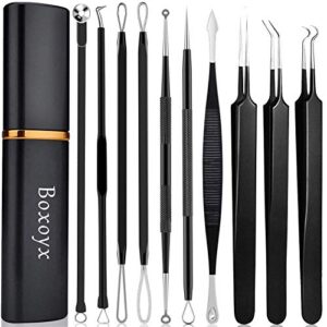 Pimple Popper Tool Kit - Boxoyx 10 Pcs Blackhead Remover Comedone Extractor Kit with Metal Case for Quick and Easy Removal of Pimples, Blackheads, Zit Removing, Forehead,Facial and Nose(Black)