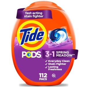 Tide PODS laundry detergent pacs, 3-in-1 Stain Remover, Odor Fighter, Color Protector, HE compatible, Spring Meadow Scent, 112 Count