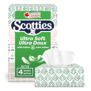 Scotties Ultra Soft with Lotion, 3-Ply Tissue Infused with Aloe & Vitamin E, Hypoallergenic and Dermatologist Tested, 4 Boxes, 104 Tissues Per Box