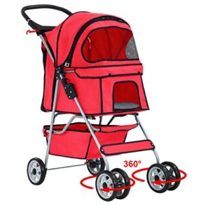 BestPet 4 Wheels Pet Stroller Cat Dog Cage Stroller Travel Folding Carrier，Red