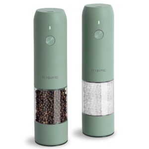 Electric Salt and Pepper Grinder Set, USB Rechargeable, Automatic Salt and Pepper Mill Grinder with Adjustable Coarseness, Electric Salt Shakers, LED Light, Refillable, Kitchen Gadgets (2 Packs, Sage)