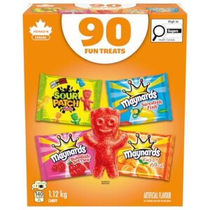 Maynards, Assorted Gummy Candy, Pack of 90, Individually Wrapped, Sour Patch Kids, Fuzzy Peach, Swedish Berries, Swedish Fish, Variety Pack, Value Pack, Sour Candy, 1.12kg, Prepared in United States