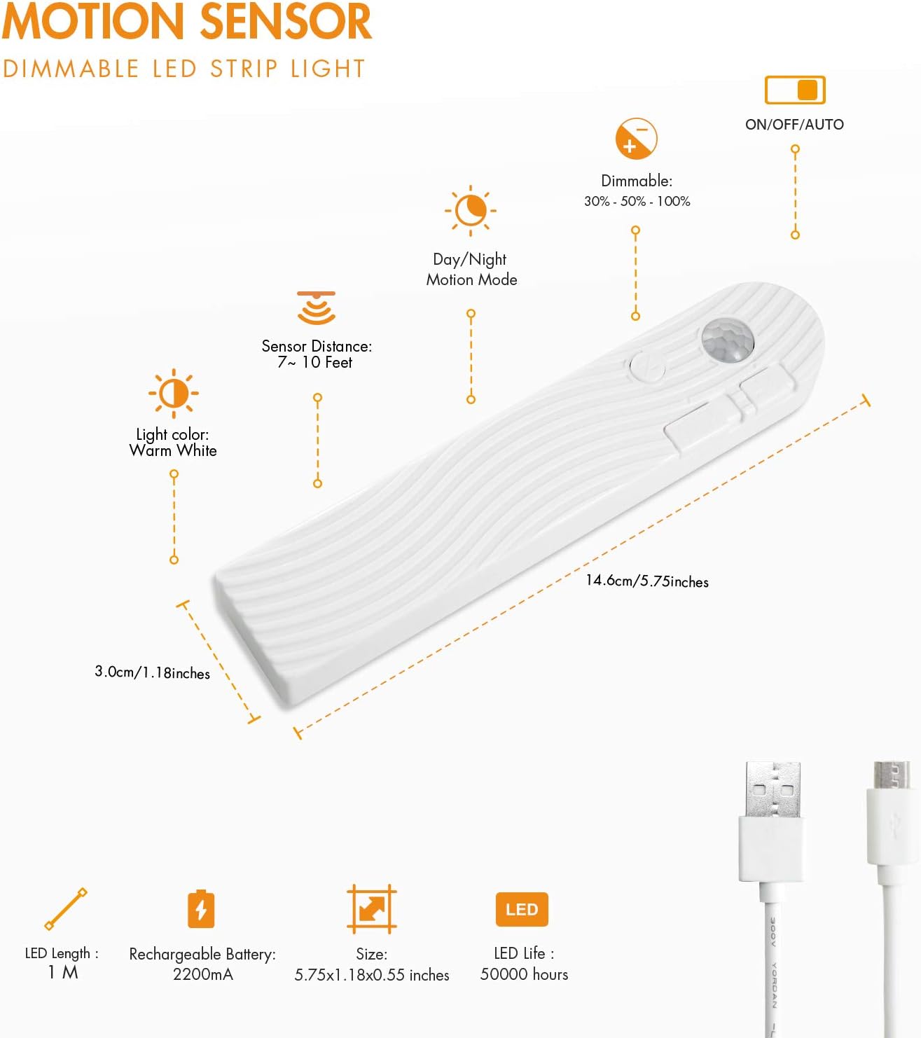 Sensky Motion Sensor LED Strip Lights Rechargeable Motion Activated Light Strip Dimmable Cabinet Strip Lighting for Wardrobe, Gun Safe, Cabinet, Pantry, Closet (1M, Warm White) - Image 2