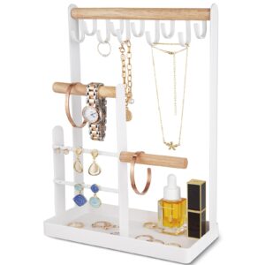 ProCase Jewelry Organizer Stand Necklace Holder, 4-Tier Jewellery Organizers Earring Tower Display Rack with Metal Storage Tray for Bracelet Rings, Gifts for Women Girls -White