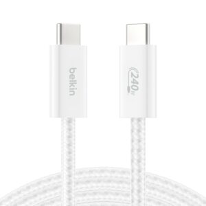 Belkin USB C to USB C Cable, 6.6ft, 240W - Type C Charger, iPhone Charger Cord, Soft, Braided, Flexible for iPhone 17, Galaxy S25, Pixel 10, MacBook, Chromebook, iPad Pro, Switch Steam Deck – White
