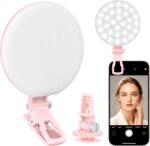 60 LED Ring Light, Rechargeable Selfie With Front & Back Clip, 2500-6500K Portable Phone, Adjustable 3 Modes for iPhone, iPad, Tablet, Laptop, CRI97+, 90 Grams (Pink)