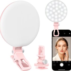 60 LED Ring Light, Rechargeable Selfie With Front & Back Clip, 2500-6500K Portable Phone, Adjustable 3 Modes for iPhone, iPad, Tablet, Laptop, CRI97+, 90 Grams (Pink)