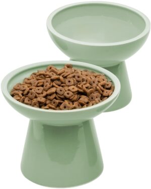 2 Extra Wide Elevated Cat Food Bowl, Ceramic Cat Bowls for Food and Water, Wide Shallow Cat Food Dish, Whisker Fatigue, Lead & Cadmium Free, Great Height for Cat