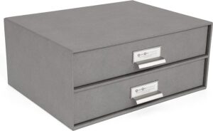 Bigso Birger 2-Drawer Fiberboard Label Frame Document Letter Box | Desktop Drawers for Loose Papers, Documents, and More | Desktop Storage Drawers with Metal Label Holder | 13.1” x 10” x 5.7” | Grey