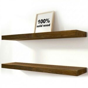2-Pack Pine Wood Floating Shelves | No Drill Wall Mounted Solid Wood Shelves Set | Rustic Wall Shelf for Storage & Decor | Perfect for Bathroom, Kitchen, Bedroom & Living Room (Walnut, 24 inch)