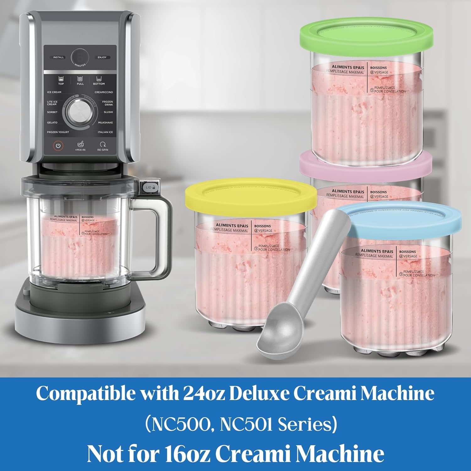 24 oz Deluxe Creami Pints and Lids for Ninja - 2 Pack 11-in-1 Creamy Icecream Containers Cups Jars Tubs Canisters Set, Smoothie Pot Compatible with NC501 NC500 Series Creamer Ice Cream Maker Machine - Image 2
