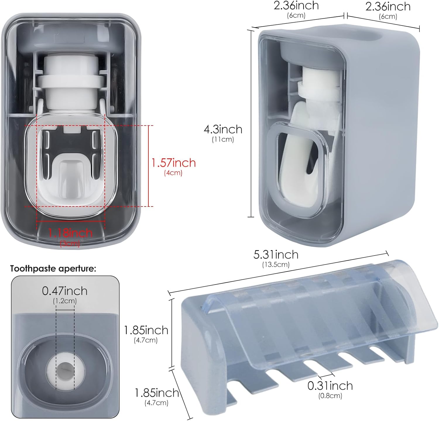 5 Slots Wall Mount Toothbrush Holder with Cover, Self Adhesive Toothbrush Storage Organizer for Shower, Toothbrush Hanger with Automatic Toothpaste Squeezer Dispenser (Grey) - Image 2