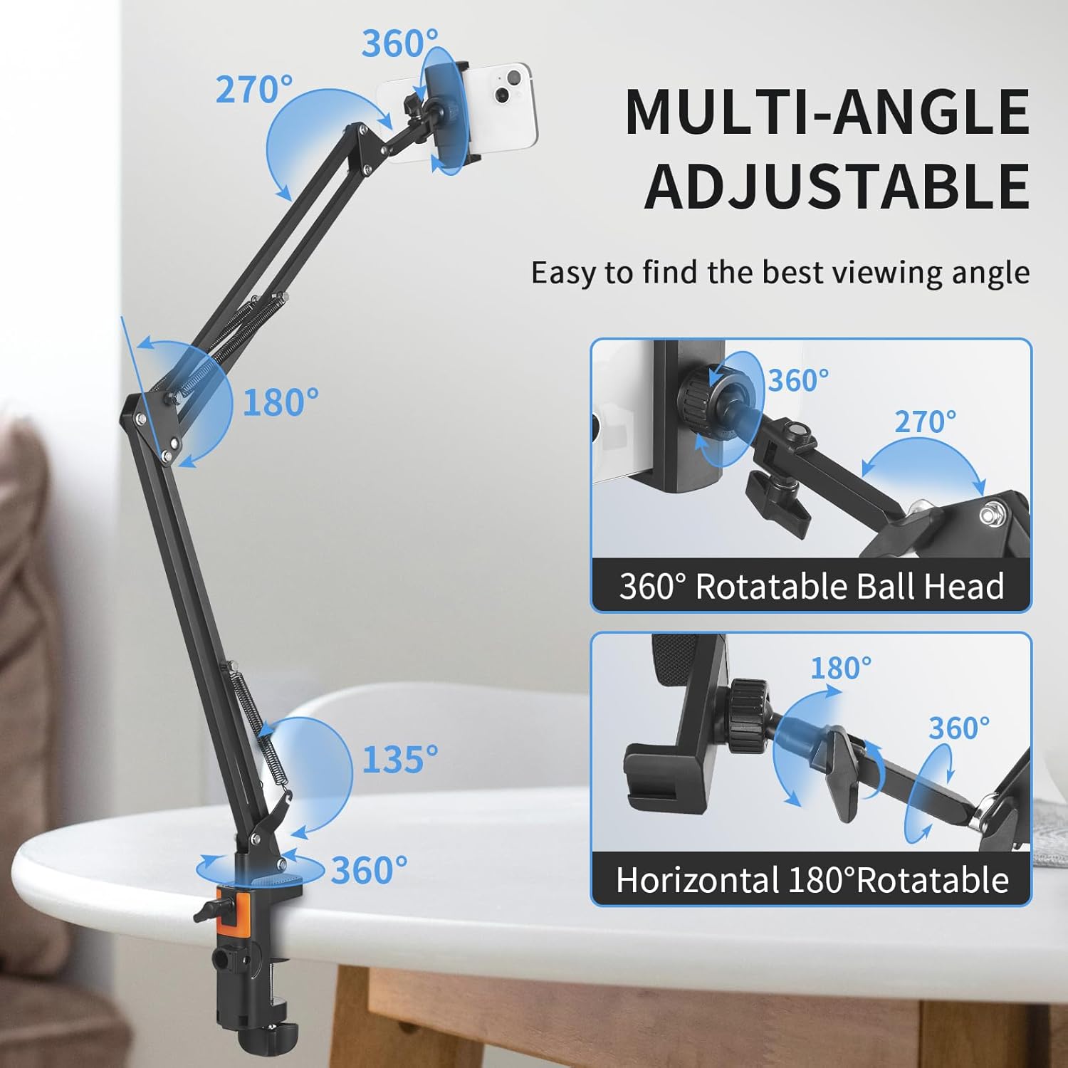 Phone Holder for Bed Desk, Overhead Phone Mount with Wireless Remote, Flexible Phone Stand Lazy Bracket Mount Long Arms Clamp for iPhone, Samsung, Google Pixel, Moto - Image 5