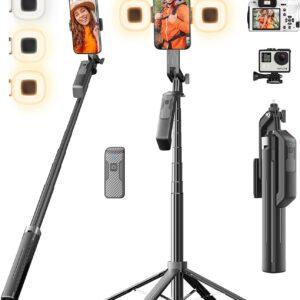 Selfie Stick Phone Tripod - 71 inch Tall Cell Phone Holder with Detachable Wireless Remote and 2 LED Lights for Recording, Video and Picture, Phone Stand for iPhone, Android, Camera & Gopro