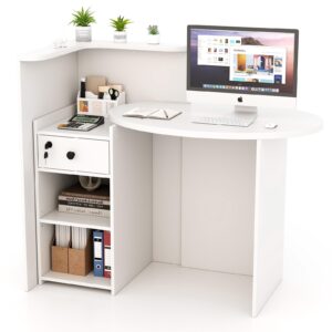 L Shaped Reception Desk, Small Retail Checkout Counter with Lockable Drawer and Open Shelves, Wooden Oval Desktop, Front Desk Reception Counter for Store Office Lobby Salon (White)
