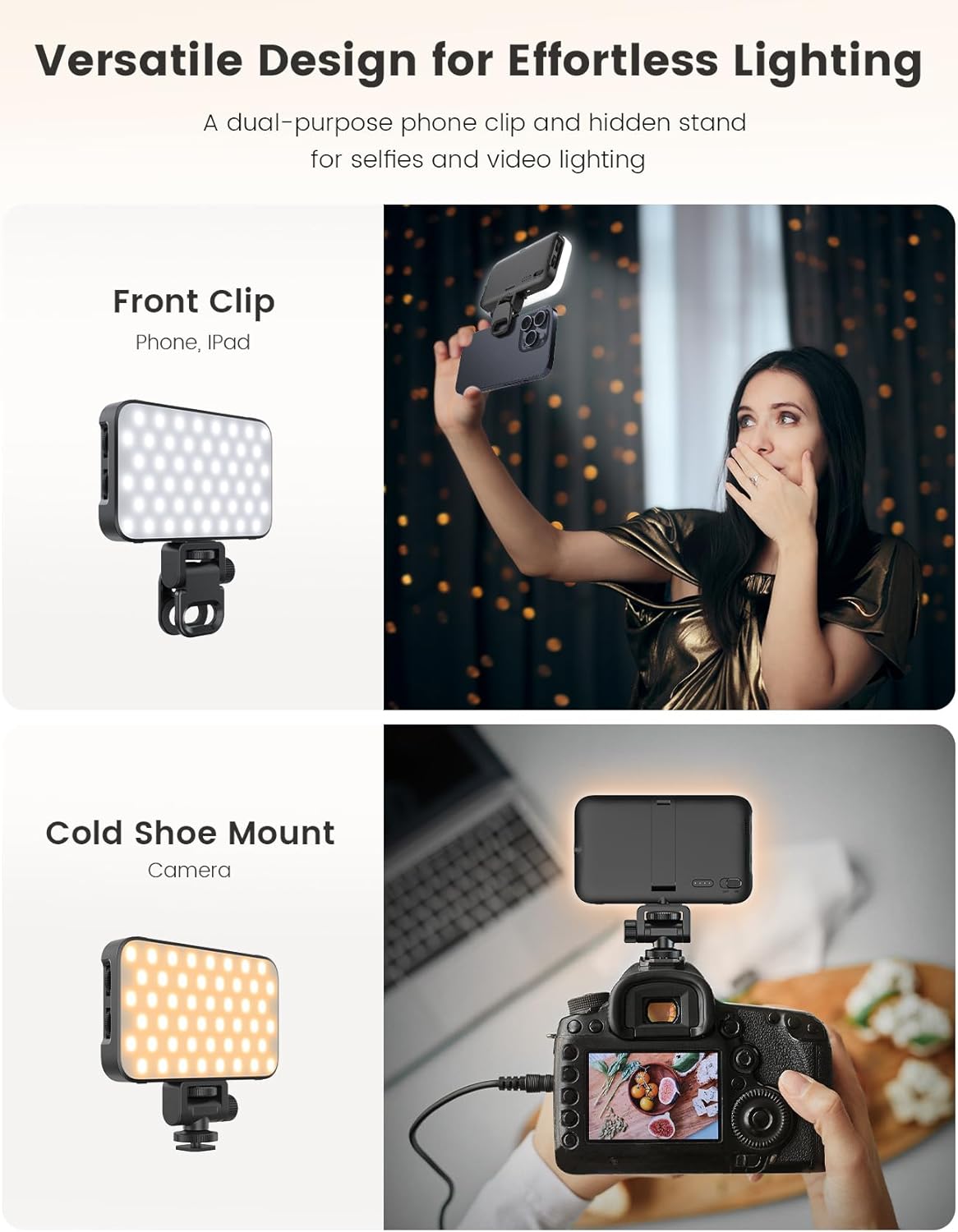 Selfie Light with Soft Diffuser & Built-in Stand – 96 LED Rechargeable Clip Fill Zoom Light for Phone, iPhone, iPad, Camera, for Makeup, TikTok, Vlog, and FaceTime Calls - Image 4