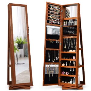 CHARMAID 360° Swivel Jewelry Armoire with Full Length Mirror, Standing Lockable Jewelry Cabinet Organizer, Large Storage Capacity, Inside Makeup Mirror, Back Storage Shelves (Walnut)