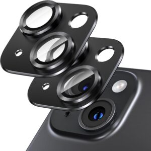 [2 Pack Camera Lens Protector for iPhone 14/14 Plus,9H Tempered Glass,Aviation Aluminum Plate Cover,Night Circle,No Bubble,HD Clarity,Case Friendly,Easy Installation-Black