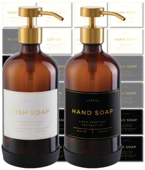 500ml Glass Soap Dispenser with Stainless Steel Pump, 21 Waterproof Labels, Non-Slip Protective Silicone Pad, Set of 2 for Bathroom & Kitchen (Amber Bottle/Brushed Gold Pump)