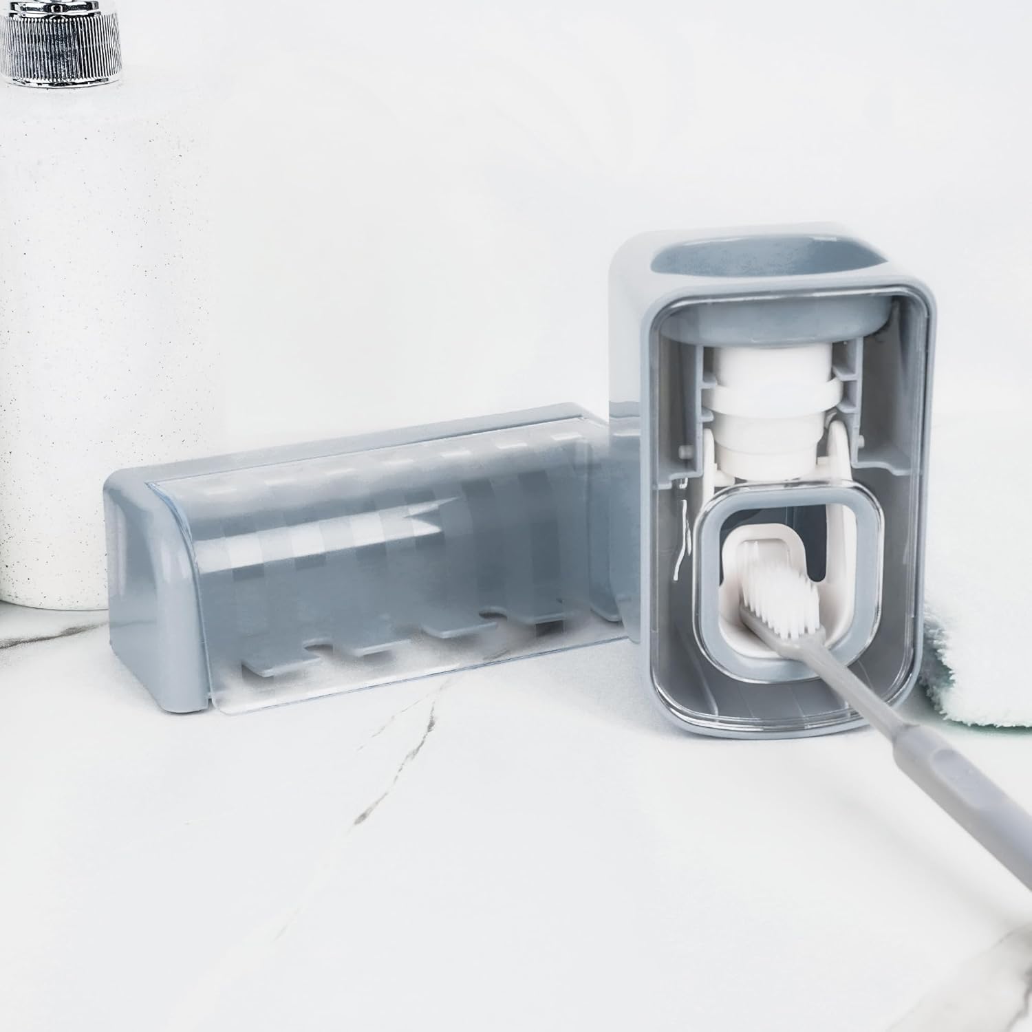 5 Slots Wall Mount Toothbrush Holder with Cover, Self Adhesive Toothbrush Storage Organizer for Shower, Toothbrush Hanger with Automatic Toothpaste Squeezer Dispenser (Grey) - Image 5