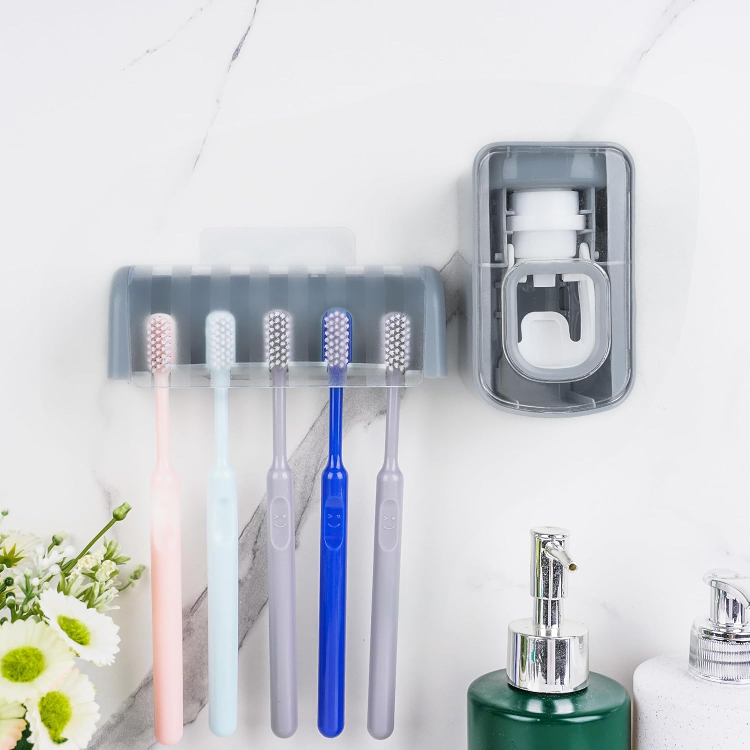 5 Slots Wall Mount Toothbrush Holder with Cover, Self Adhesive Toothbrush Storage Organizer for Shower, Toothbrush Hanger with Automatic Toothpaste Squeezer Dispenser (Grey) - Image 3