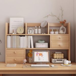 Wooden Office Storage Rack,Open Desktop Storage Shelf,Computer Desktop Bookshelf with 4 Closed Drawers,3-Tier Dorm Desk Hutch,Multipurpose Display Rack,for Home Office Dorm Gaming Desk