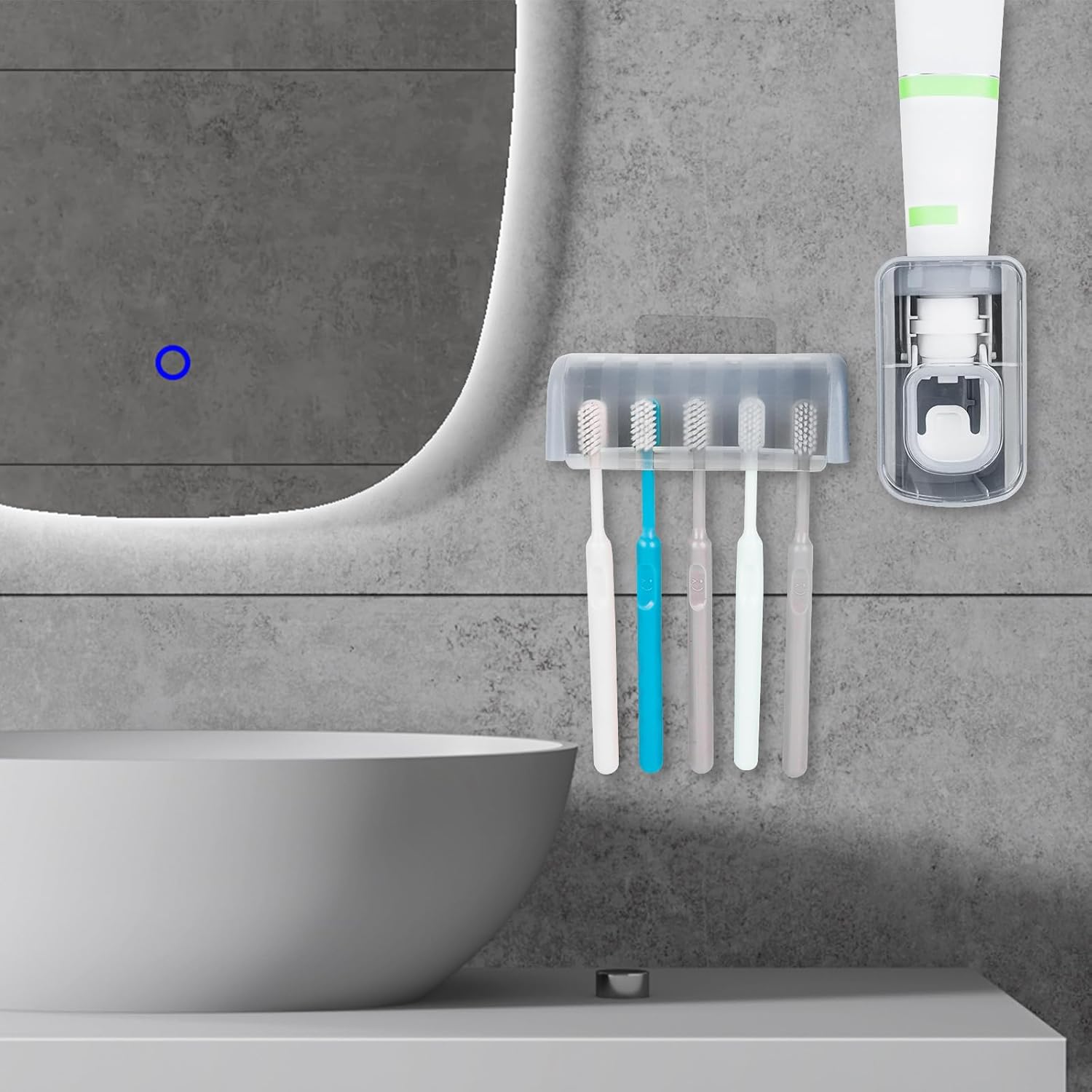 5 Slots Wall Mount Toothbrush Holder with Cover, Self Adhesive Toothbrush Storage Organizer for Shower, Toothbrush Hanger with Automatic Toothpaste Squeezer Dispenser (Grey) - Image 4