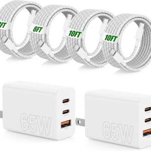65W Super Fast Charger USB C for iPhone 17 16 15 Pro Max,2Pack 100W [65W Max] 3-Port USB C Wall Charger Block & 3/6/10/10FT Braided Type C Cord for iPhone 17,MacBook iPad for Samsung Galaxy S26 Ultra
