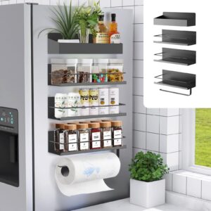 Magnetic Spice Rack, 4 Pack Magnetic Shelf for Refrigerator, Magnetic Refrigerator Organizer, Kitchen Space Saving, Moveable Spice Rack Organizer with Paper Towel Holder, Metal Gray