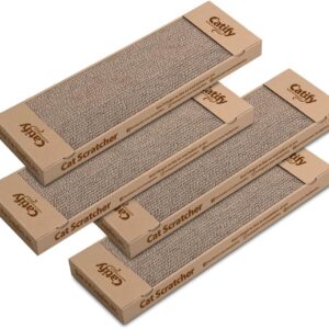 Best Pet Supplies Corrugated Cardboard Cat Scratcher Pads, Lounger, and Fun Interactive Scratching Boards, Claw Safe, Durable, Natural Recycled Materials, Supports Active Play - Narrow 4 Pack