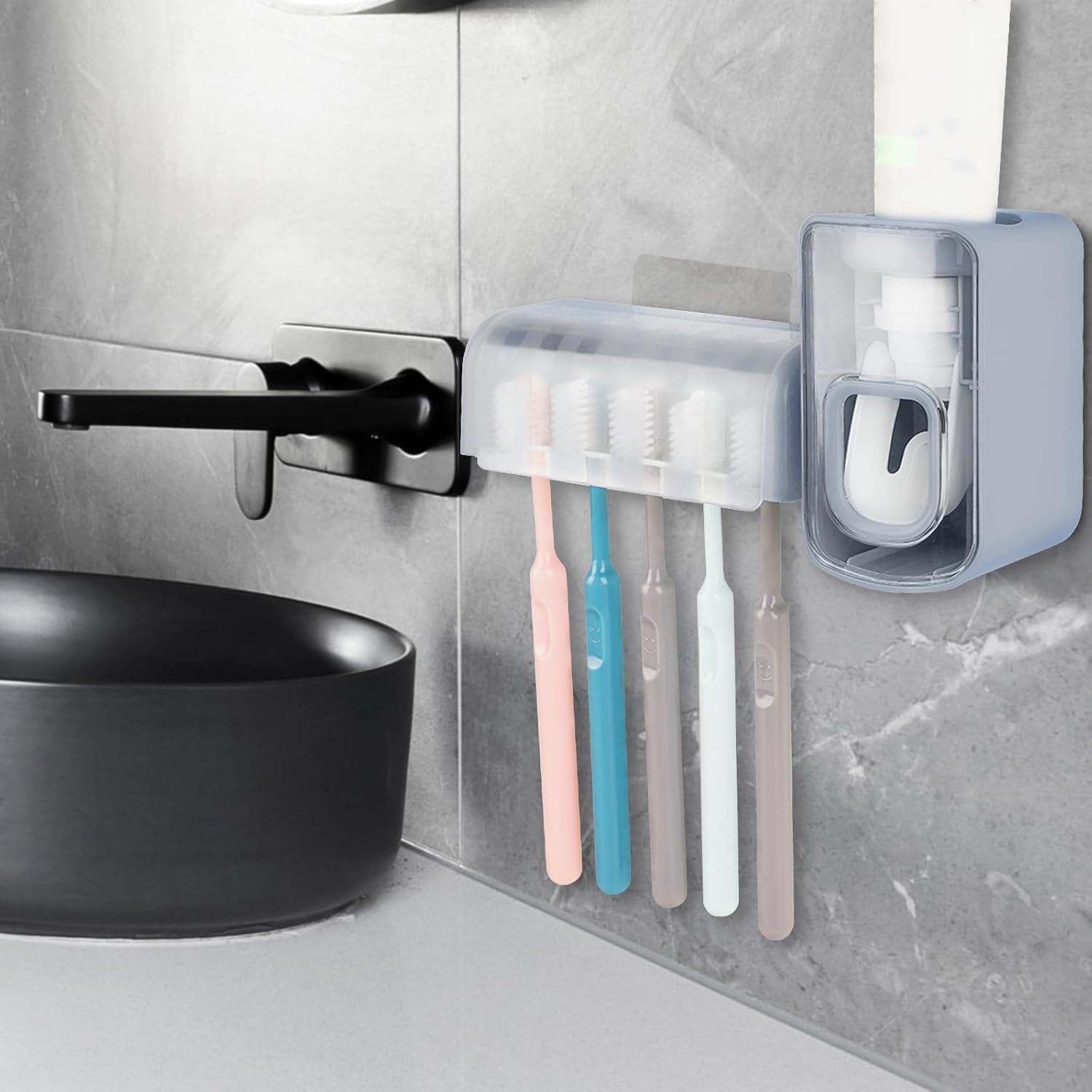 5 Slots Wall Mount Toothbrush Holder with Cover, Self Adhesive Toothbrush Storage Organizer for Shower, Toothbrush Hanger with Automatic Toothpaste Squeezer Dispenser (Grey) - Image 6