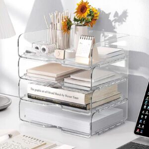 Clear Stackable Paper Trays 4 Pack, PET Letter Tray Desk Organizer, Desktop Organizers and Storage for Books, Magazines, Folders, A4 Size File Paper, Office Supplies