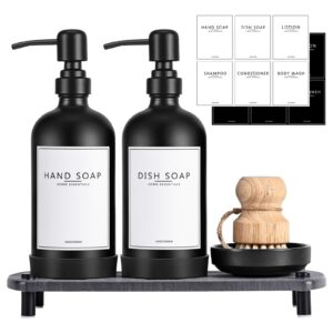 Kitchen Soap Dispenser Set with Instant Dry Tray,16 Oz Hand and Dish Soap Black Glass Dispenser Set,Stainless Steel Pump,Waterproof Labels&Bamboo Brush,Luxury Soap Bottle for Kitchen,Bathroom