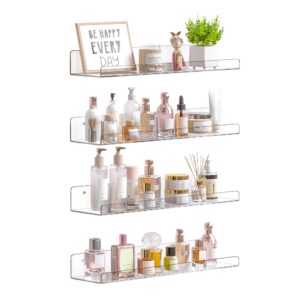 upsimples Clear Acrylic Shelves for Storage, 15" Floating Shelves Wall Mounted for Kids Bookshelf/Display Ledge for Bedroom, Living Room, Bathroom, Kitchen, Set of 4