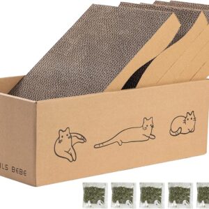 Poils bebe 5 PCS Cat Scratcher with Box, Reversible Cat Scratchers for Indoor Cats, Cardboard Cat Scratcher with Catnip, 2 Curved and 3 Flat Boards for Scratching Bed