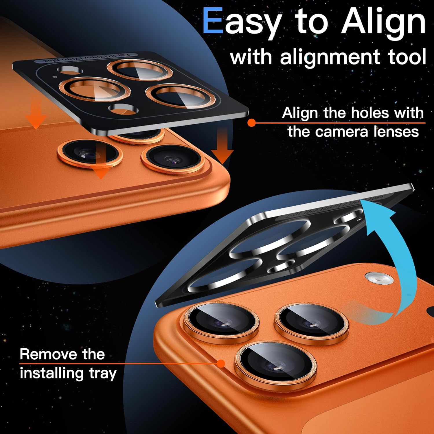 JETech Camera Lens Protector for iPhone 17 Pro 6.3-Inch and iPhone 17 Pro Max 6.9-Inch, 9H Tempered Glass Metal Individual Ring Cover, Easy Installation Tray, HD Clear, 1 Set (Orange) - Image 3