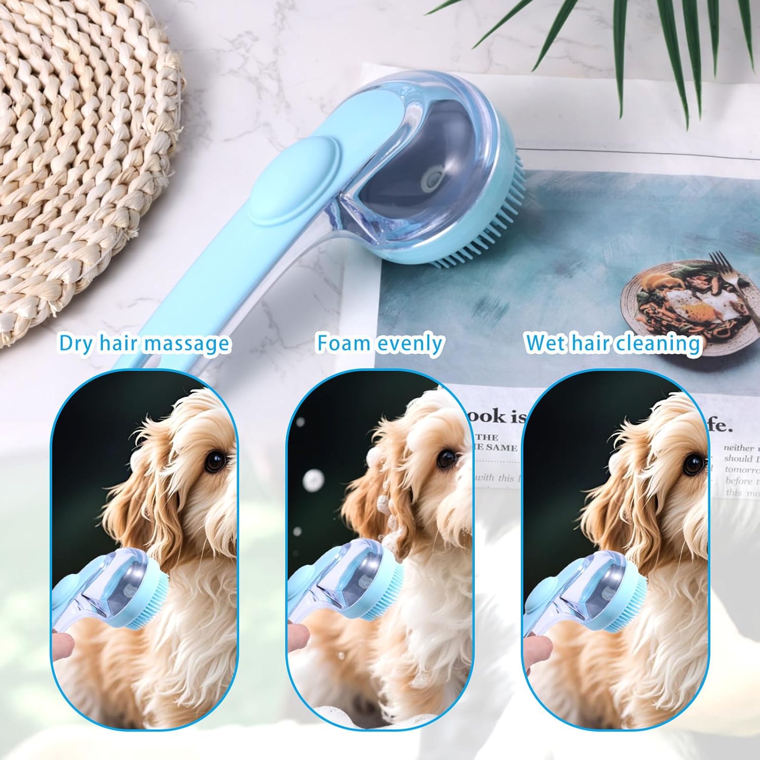 BOXOB Dog Bath Brush with Shampoo Dispenser, Pet Shower Dog Soap Scrubber for Bath Shedding Grooming Massage Brush for Long Short Haired Dogs & Cats Cleaning Supplies (Blue) - Image 4