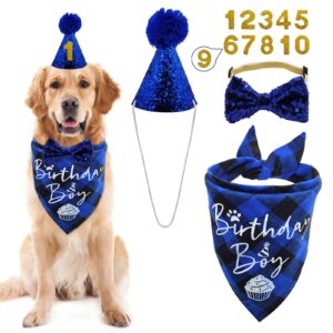 Dog Birthday Party Supplies, LMSHOWOWO Reusable Boy Dog Birthday Bandana Scarf Set, Cute Dog Birthday Hat with Number Bowtie Tie Collar for Small Medium Large Dog Pet (Blue)