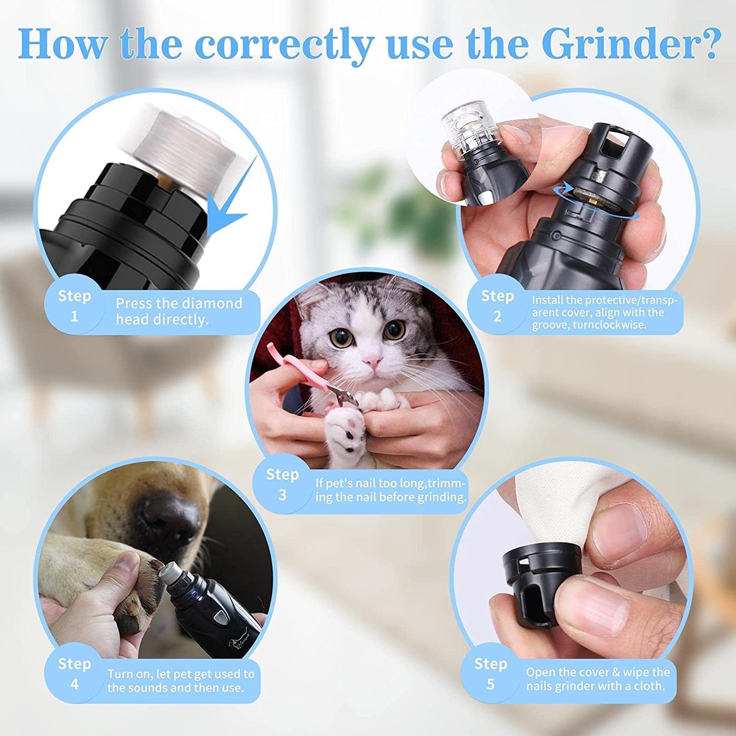 Pet Nail Grinder with LED Light & 2 Grinding Heads, 2-Speed Low Noise & More Powerful Dog Nail Grinder, Pet Nail Trimmer File, Painless Paw Claw Care, Quiet Toenail Grooming Tool for L/M/S Dogs/Cats - Image 8